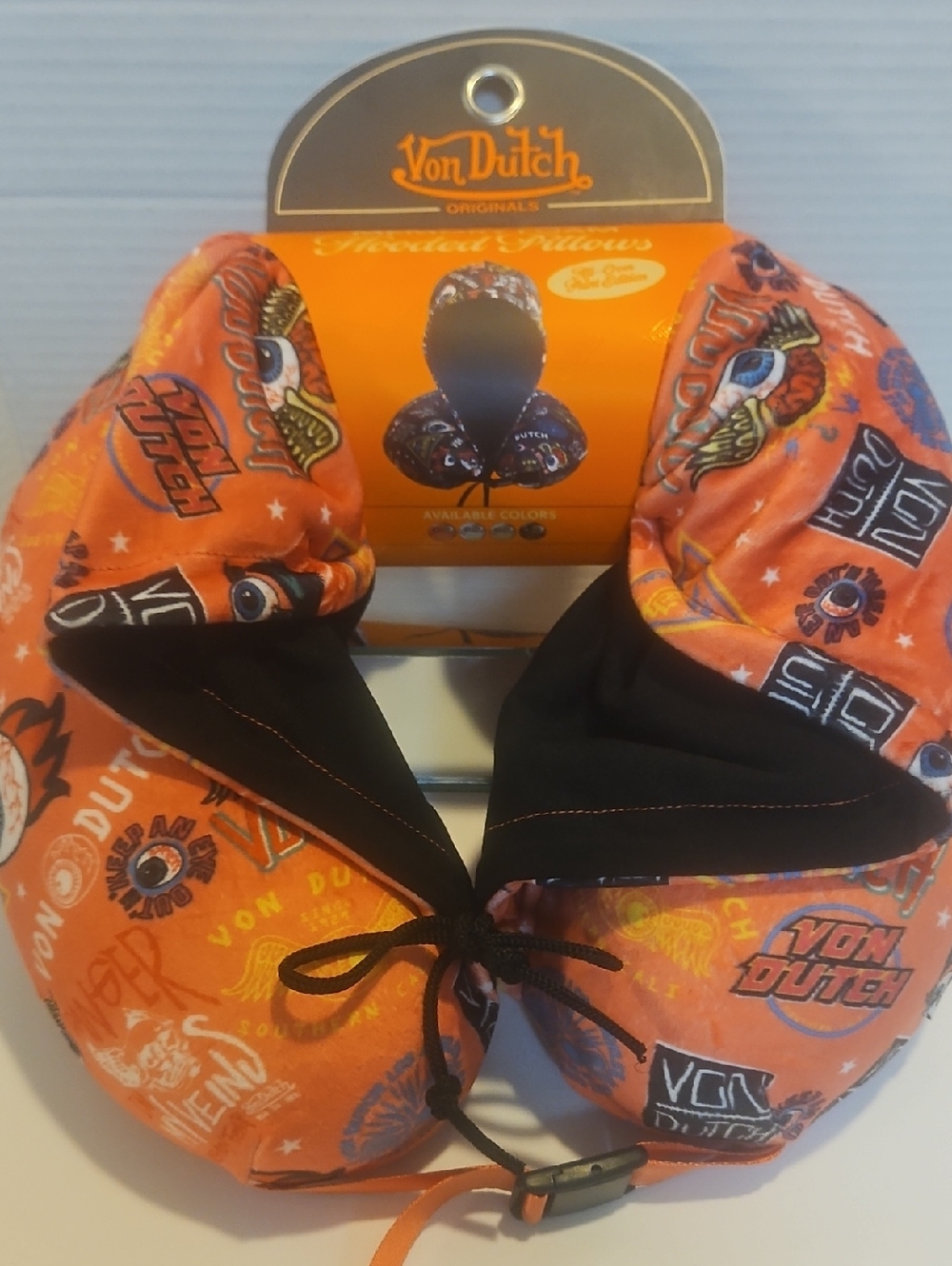 Von Dutch Pinkish Orange and Black Logo Travel Neck Pillow